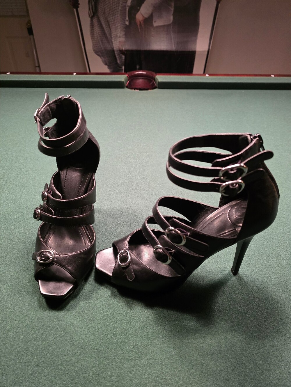Women's Black Strappy High Heel Sandals with Buckle Accents